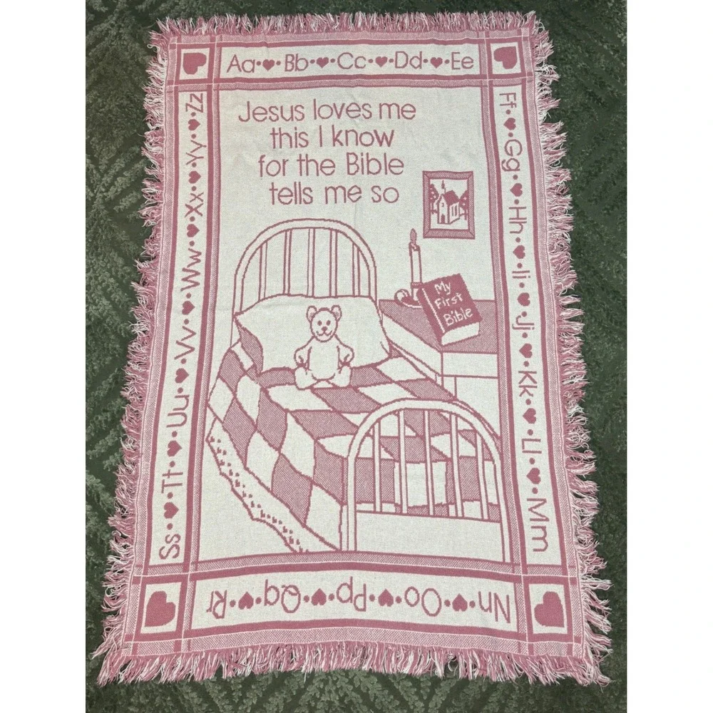 Jesus Loves Me Woven Tapestry Throw Blanket Pink Alphabet Nursery Religious